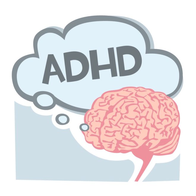 cartoon brain with a thought bubble that says ADHD